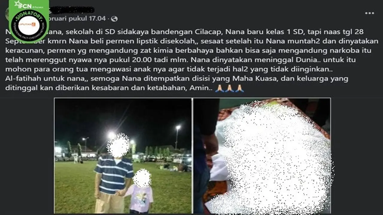 Gambar tangkapan layar kabar tentang seorang siswa SD di Cilacap, Jawa Tengah meninggal dunia karena keracunan permen lipstik. (sumber: Facebook)