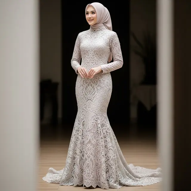 9 Model Gamis Brokat Premium dengan Potongan Mermaid Modern, Tampil Mewah