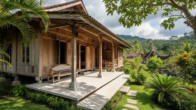 Rumah Desa dengan Kombinasi Kayu Tua dan Lantai Teraso/Gemini AI