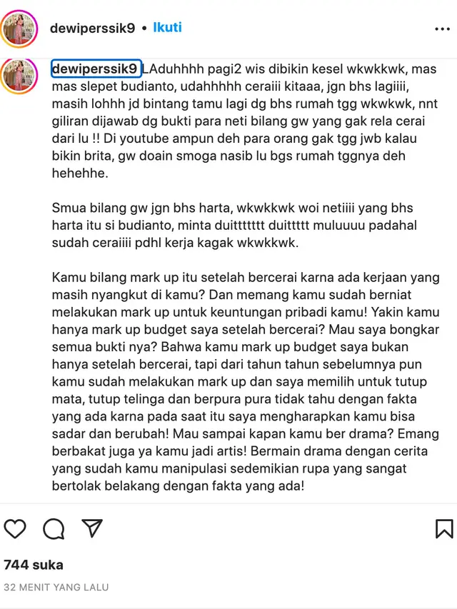 Unggahan Dewi Perssik. (Foto: Dok. Instagram @dewiperssik9)