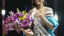 Wanita berusia 23 tahun ini tampil memukau di atas panggung dan lugas saat pertanyaan para juri Miss Universe 2023. (AP Photo/Moises Castillo)