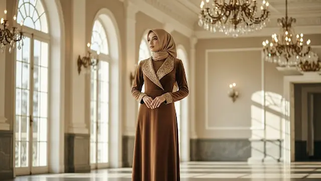 Dress Velvet Cokelat Kopi dengan List Gold