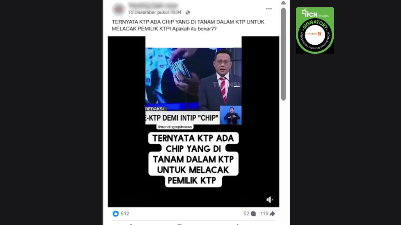 Tangkapan layar klaim ada chip di KTP untuk melacak pemilik kartu yang beredar di Facebook.