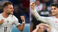 Duel dua striker, Ciro Immobile dan Alvaro Morata bakal tersaji saat Timnas Italia bersua Spanyol pada semifinal ajang Euro 2020. (Jonathan NACKSTRAND, Filippo MONTEFORTE / POOL / AFP)