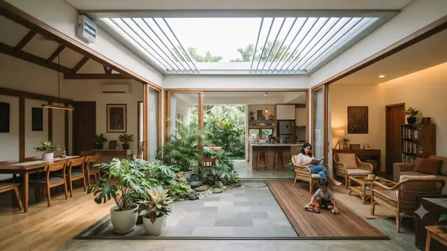 Desain Rumah 6x12 Meter Model Inner Courtyard yang Tetap Nyaman dan Terasa Luas Model  Semi Indoor dengan Kanopi Buka Tutup