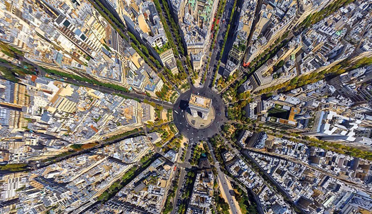 Pemandangan Arc de Triomphe di Paris  yang diambil melalui kamera drone. foto ini terlihat sangat futuristik. (Dailymail)