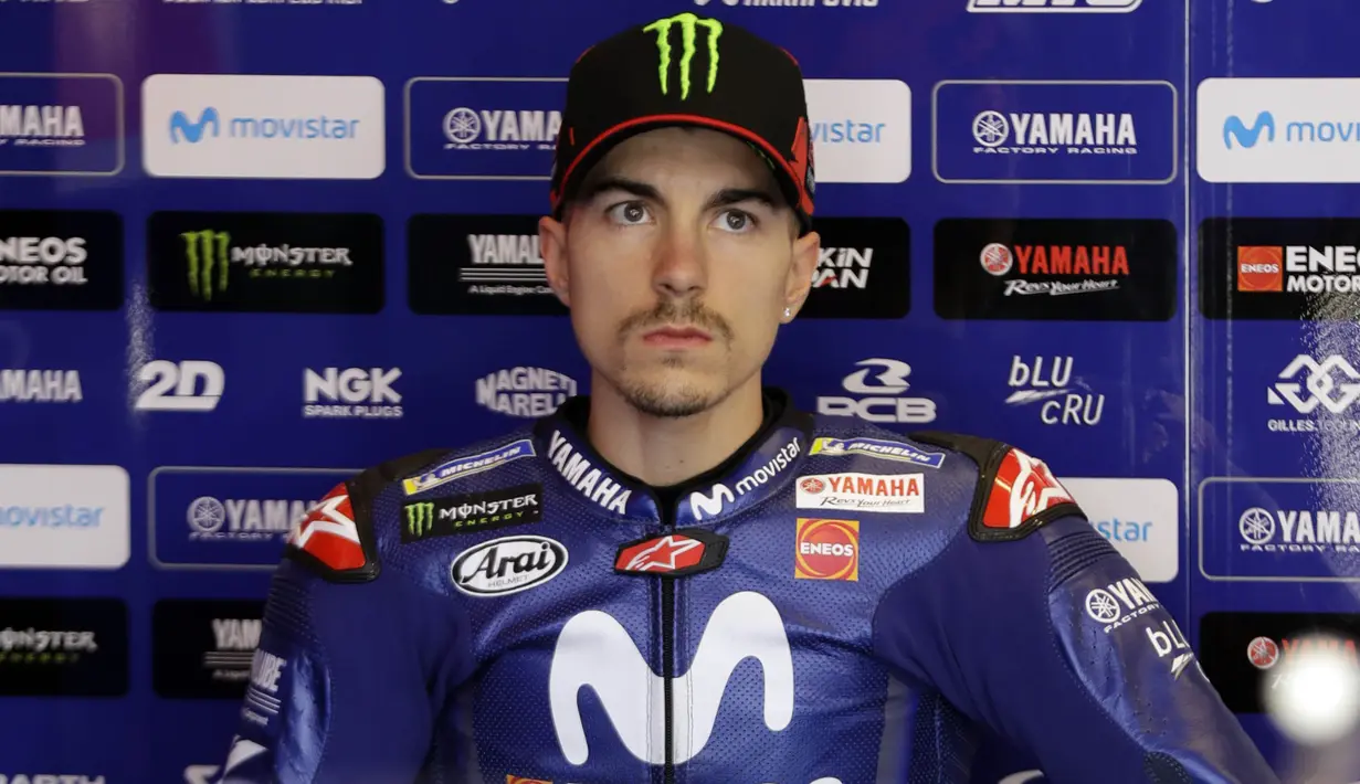 5. Maverick Vinales (Monster Energy Yamaha MotoGP) - Drama terjadi pada balapan MotoGP Styria 2020. Maverick Vinales terjatuh dari motor. Insiden tersebut membuatnya kini berada di posisi ke lima klasemen sementara dengan 48 poin. (AP/Eric Gay)