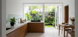 Dapur Terbuka Minimalis Anti Cipratan Minyak yang Dinding Terjaga Kebersihannya Model Menyatu dengan Taman Belakang (Image generated by AI)