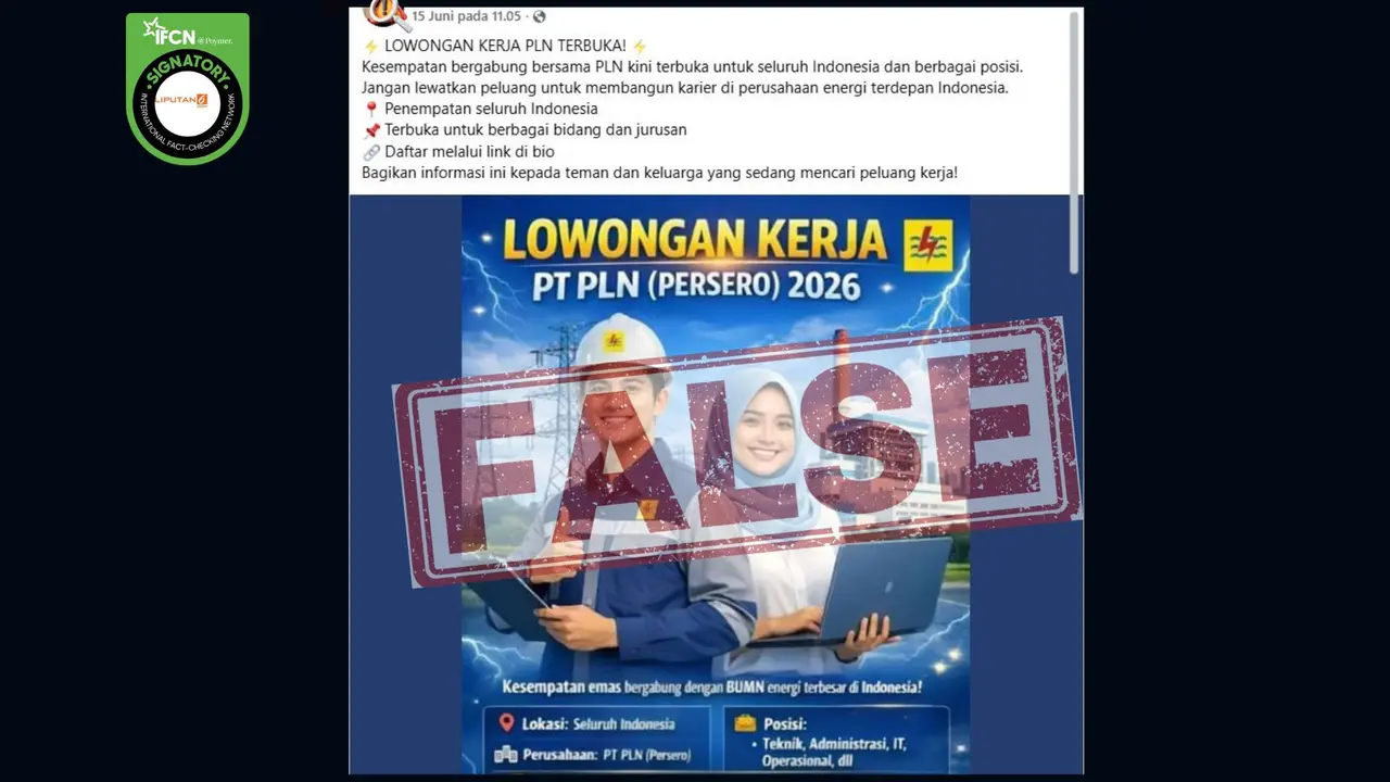 Tangkapan layar hoaks pendaftaran lowongan kerja PLN lewat WhatsApp.