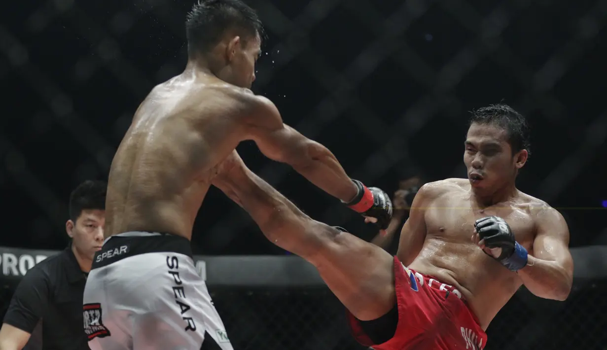Petarung Filipina, Robin Catalan, menendang petarung Indonesia, Stefer Rahardian, saat bertarung pada laga ONE Championship di Istora Senayan, Jakarta, Sabtu (19/1). Stefer Rahardian kalah dari Robin Catalan. (Bola.com/M. Iqbal Ichsan)