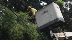 Petugas Dinas Bina Marga DKI Jakarta menata instalasi kabel yang semrawut di Jalan Yusuf Adiwinata, Menteng, Jakarta Pusat, Jumat (11/8/2023). (merdeka.com/Imam Buhori)