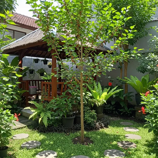 Pohon Buah Berakar Aman Dekat Gazebo (AI)
