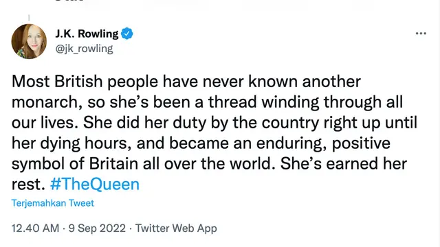 Cuitan JK Rowling soal Ratu Elizabeth II meninggal dunia. (Foto: Dok. Twitter @jk_rowling)