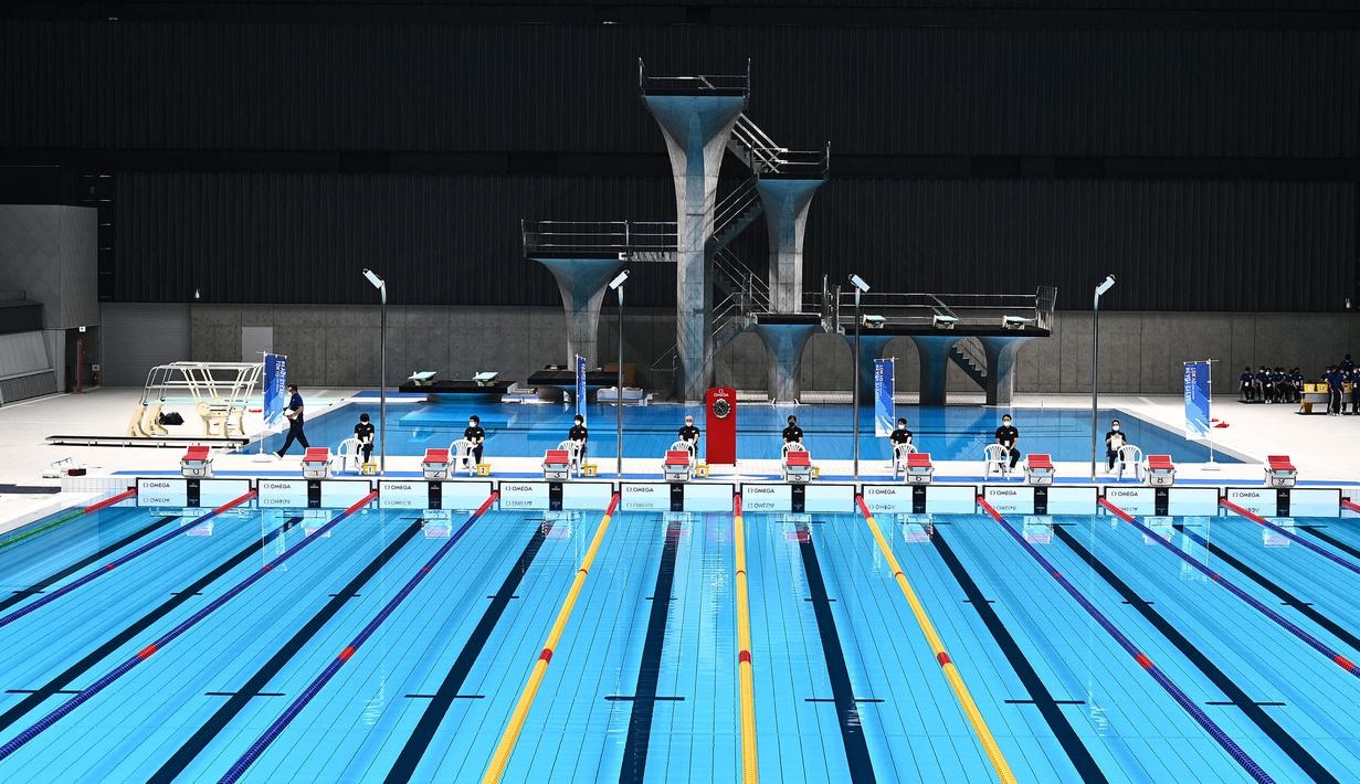 Tokyo Aquatics Centre merupakan venue yang baru saja dibangun di Taman Tepi Laut Tatsumi-no-Mori. Pada Olimpiade kali ini, tempat ini akan digunakan untuk cabang olah raga renang, menyelam, dan renang artistik. (Foto: AFP/Philip Fong)