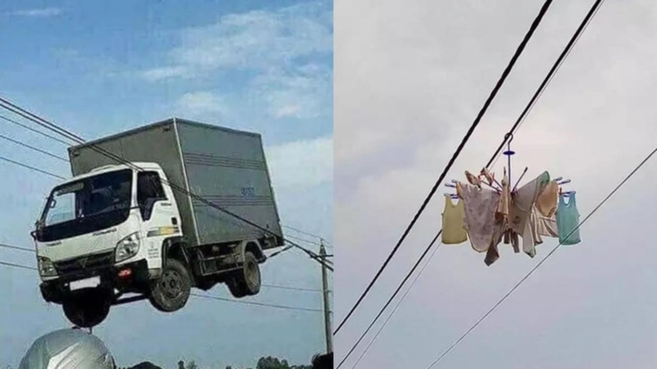 10 Potret Absurd Benda Nyangkut di Kabel Listrik, Ada Jemuran Hingga Mobil