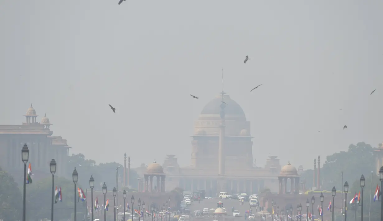 Polusi udara terlihat di sekitar Rashtrapati Bhavan dan gedung-gedung pemerintah di New Delhi (15/10/2019). Pemerintah New Delhi melarang penggunaan generator diesel pada 15 Oktober karena tingkat polusi di ibu kota India tersebut melampaui batas aman lebih dari empat kali. (AFP Photo/Sajjad Hussain