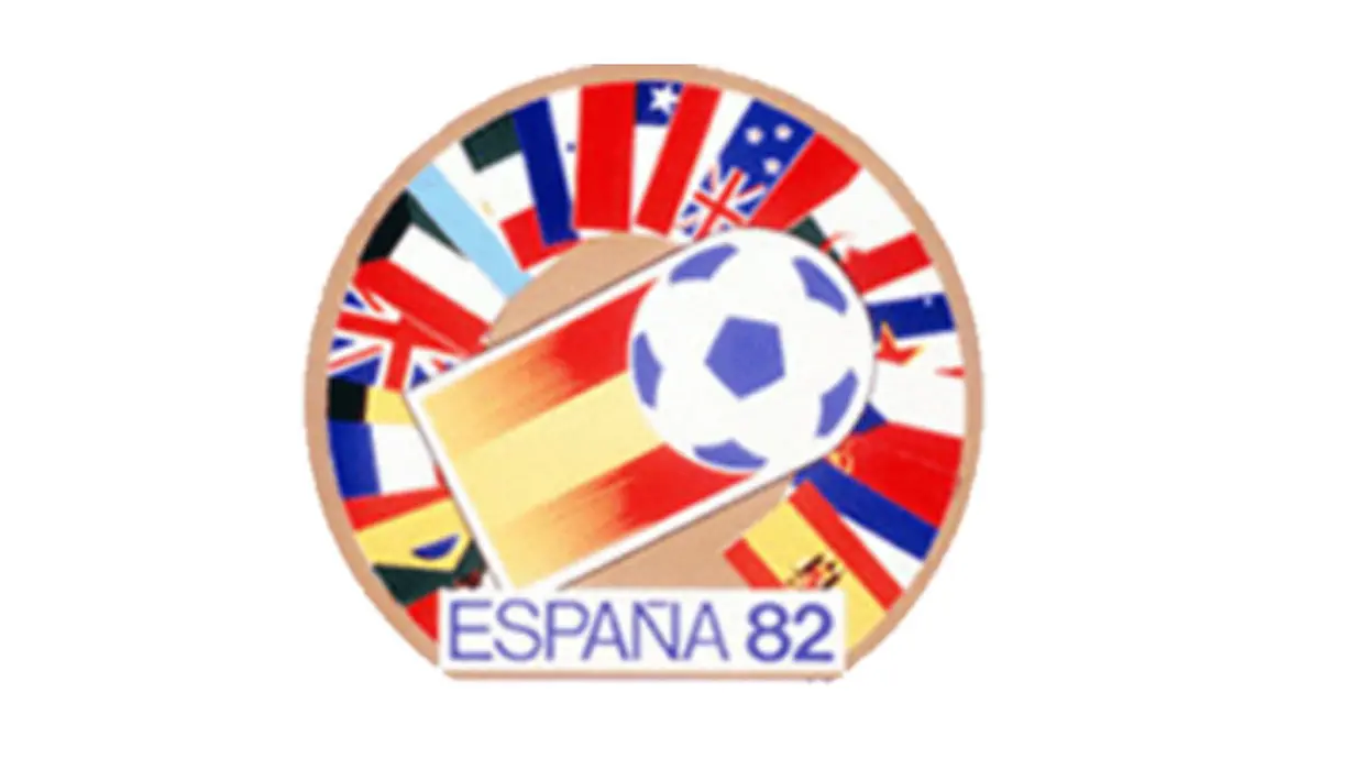 Logo Piala Dunia 1982 di Spanyol. Bola dan Bendera Spanyol menjadi pusat logo dengan aneka bendera peserta dibelakangnya (Istimewa).
