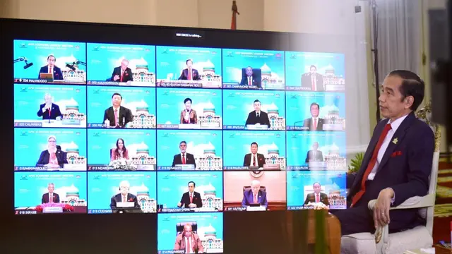 Jokowi hadiri KTT APEC 2020 secara virtual. Sebagai bagian dari bangsa Asia-Pasifik, Jokowi menyampaikan Indonesia membawa semangat ekonomi kebersamaan demi menangkal pandemi.