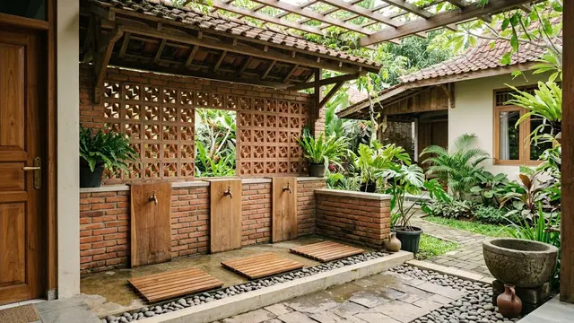 Desain Tempat Wudhu Rumah dengan Dinding Roster/AI Generated