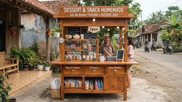 Desain gerobak kayu sederhana tapi bisa narik pelanggan model kombinasi rak dan laci