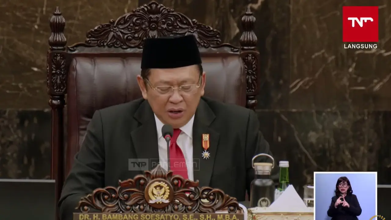 Ketua Majelis Permusyawaratan Rakyat (MPR) Bambang Soesatyo saat pidato dalam Sidang Tahunan MRP 2024.