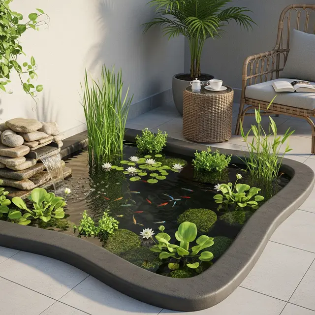 Kolam Ikan Kecil di Sudut Teras Rumah (Gemini AI)