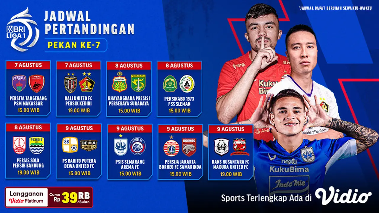 Jadwal Live Streaming BRi Liga 1 2023/2024 Pekan Ketujuh di Vidio