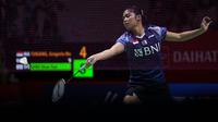 Pebulutangkis tunggal putri Indonesia, Gregoria Mariska Tunjung bertanding melawan pebulutangkis tunggal putri Taiwan, Sung Shuo Yun saat laga 32 besar Indonesia Masters 2023 melawan di Istora Senayan, Jakarta, Rabu (25/01/2023). Gregoria Mariska Tunjung menang rubber game 12-21, 21-18 dan 21-11. (Bola.com/Bagaskara Lazuardi)