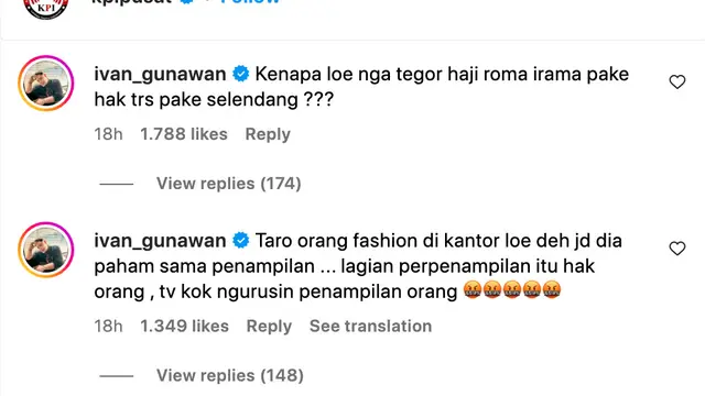 Ivan Gunawan merespons teguran KPI Pusat di kolom komentar. (Foto: Dok. Instagram @kpipusat)