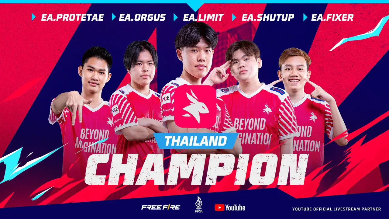 Tim esports Thailand, EArena keluar sebagai juara Free Fire SEA Invitational. Mereka membawa hadiah utama USD 100.000, dengan total 232 poin (Garena)