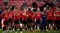 Ekspresi para pemain Manchester United atas kekalahan mereka di final Liga Europa musim 2024/2025 melawan Tottenham Hotspur di stadion San Mames, Bilbao pada 21 Mei 2025 waktu setempat atau Kamis (22/5) dini hari WIB. (Josep LAGO/AFP)