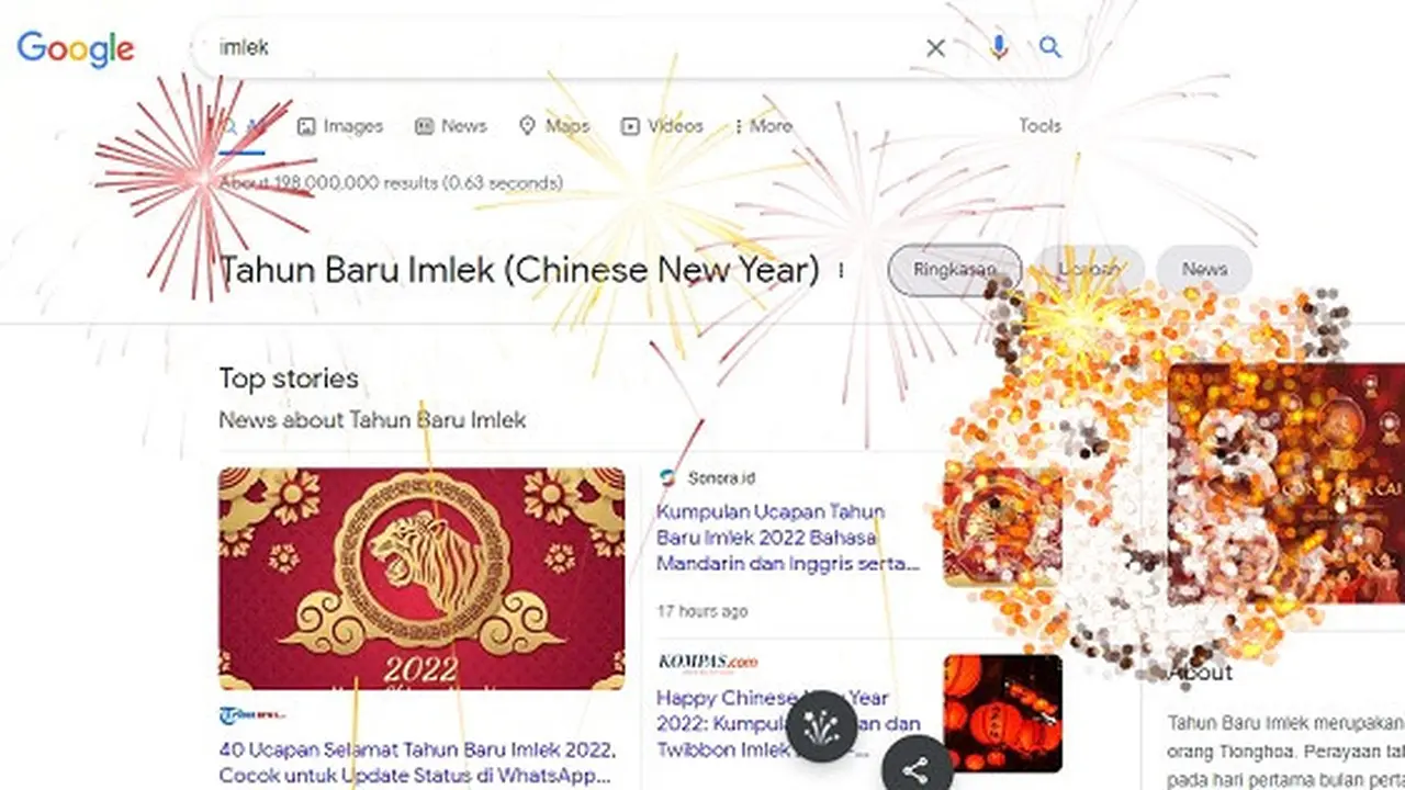 Tampilan kembang api Imlek 2022 di Google Search