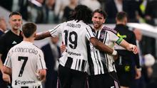 Juventus' French midfielder #19 Khephren Thuram-Ulien celebrates scoring his team's second goal with Juventus' Italian midfielder #05 Manuel Locatelli during the Italian Serie A football match between Juventus and Bologna at the Allianz stadium in Turin, on April 19, 2026.
Marco BERTORELLO / AFP