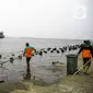 Petugas membersihkan Kali Adem, Muara Angke, Jakarta Utara, Sabtu (2/10/2021). Teluk Angke dan Ancol yang ada di wilayah Jakarta Utara dilaporkan tercemar paracetamol dengan konsentrasi tinggi. (Liputan6.com/Faizal Fanani)