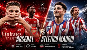 Cover prediksi Arsenal versus Atletico Madrid di Liga Champions. (Bola.com/AI Generated)