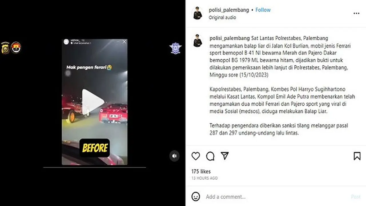 Video aksi balap liar mobil mewah Ferrari vs Pajero Sport di Jalan Kolonel H Burlian, Kota Pelembang, Sumatera Selatan pada Jumat 13 Oktober 2023.