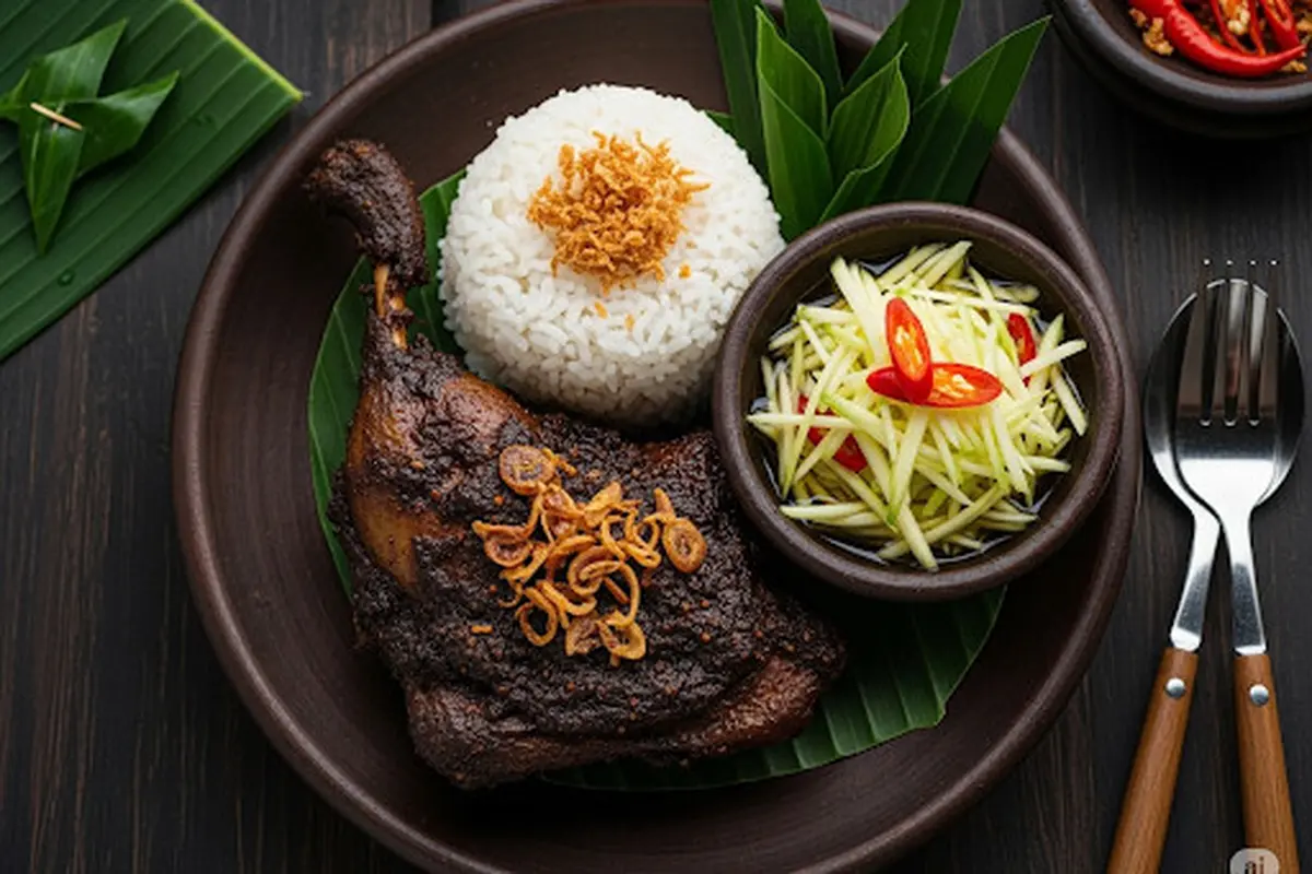 Resep Bebek Bumbu Hitam Lengkap Dengan Sambal Mangga