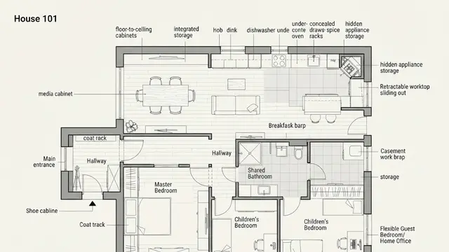 Rumah Tiga Kamar dengan Dapur Multifungsi dan Kabinet Tarik