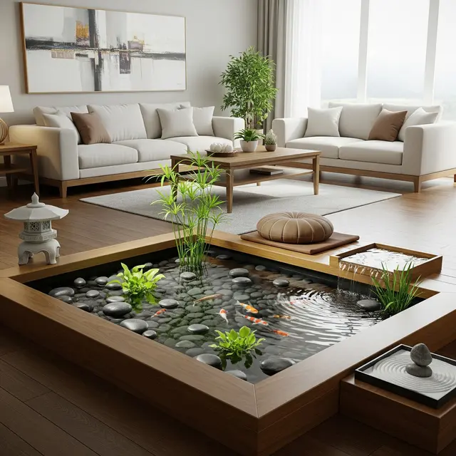 model kolam ikan di ruang tengah yang minimalis