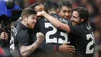 Jordon Ibe bersama pemain Liverpool lainnya merayakan gol ke gawang Stoke City pada leg pertama semifinal Piala Liga Inggris, Rabu (61/2016). (Liputan6.com/ Reuters / Carl Recine Livepic)