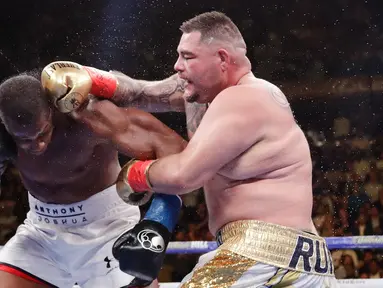 Andy Ruiz (kanan) meninju Anthony Joshua pada ronde ketujuh pertandingan tinju di Madison Square Garden, New York, Amerika Serikat, Minggu (2/6/2019). Ruiz menang KO di ronde ketujuh. (AP Photo/Frank Franklin II)