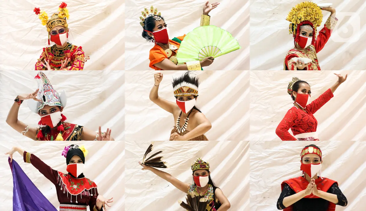 Penari mengenakan masker dan pakaian tradisional saat foto sesi untuk Liputan6.com dalam acara “Tunjukan Indonesiamu, Satukan Negeri” di Jakarta, Sabtu (15/8/2020). Acara yang digelar virtual tersebut untuk mengampanyekan budaya Indonesia dan memperingati HUT ke-75 RI. (Liputan6.com/Johan Tallo)