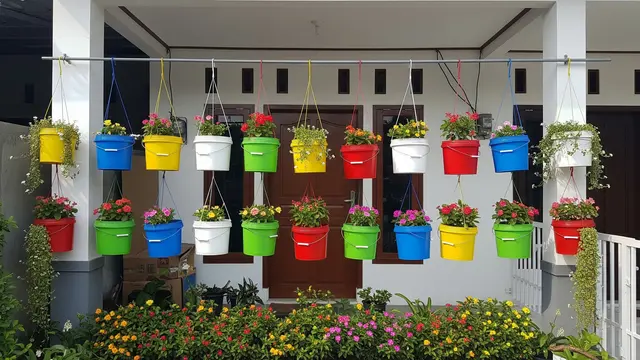7 Ide Taman Gantung Depan Rumah dari Ember Cat Bekas yang Estetik