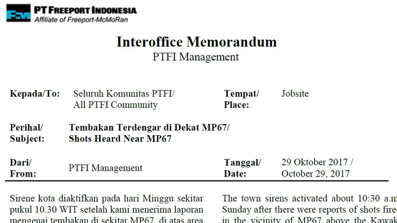 Surat Larangan Keluar Rumah PT Freeport