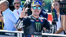 Pembalap Monster Energy Yamaha Maverick Vinales finis ketiga dalam balapan MotoGP San Marino di Sirkuit Misano, Italia, Minggu (15/9/2019).(Alessio Marini/ANSA via AP)