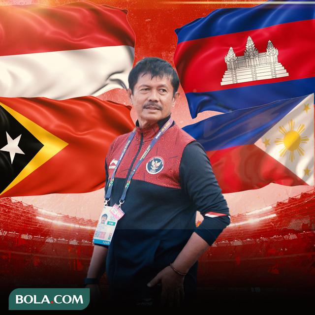 Piala AFF U-19 2024 - Indra Sjafri background bendera Indonesia, Timor Leste, Kamboja, Filipina