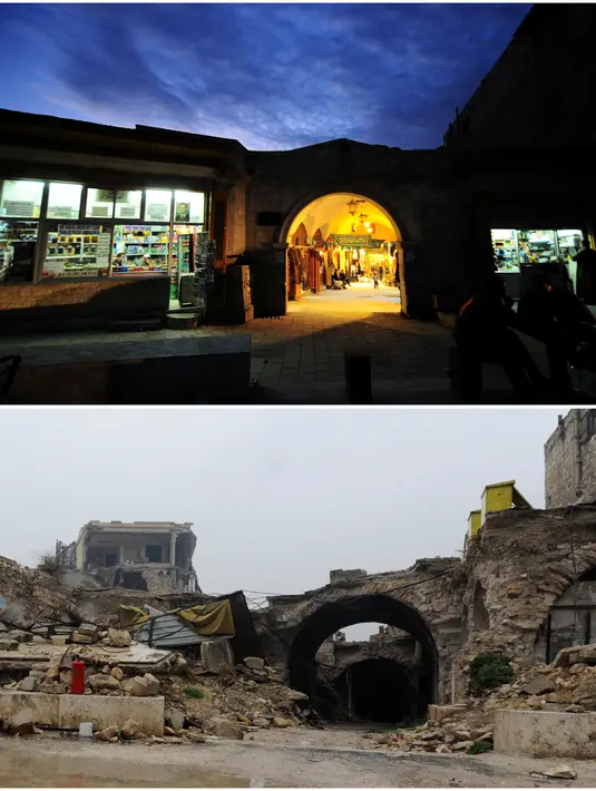 Foto kombinasi menunjukkan pintu masuk ke al-Zarab Souk di kota tua Aleppo sebelum (24/11/2008) dan sesudah perang (13/12/2016), Suriah. (REUTERS / Omar Sanadiki) 