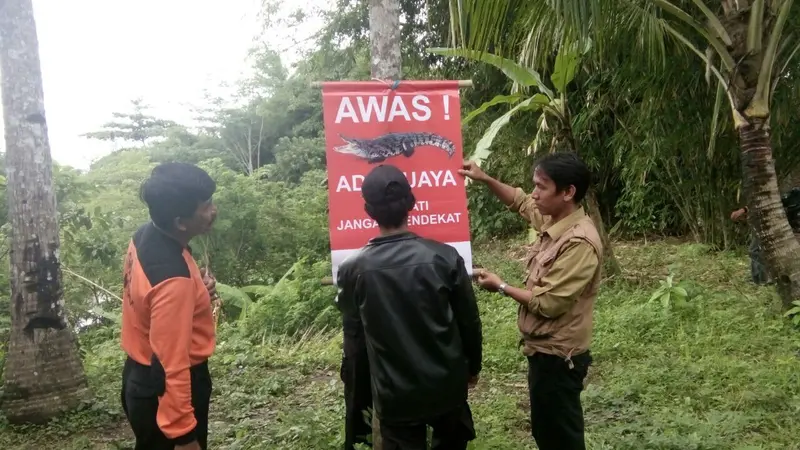 Pemasangan pamflet untuk memperingatkan agar warga tak berakitivitas di aliran sungai Luk Ulo lantaran ada buaya. (Foto: Liputan6.com/Muhamad Ridlo/BKSDA)