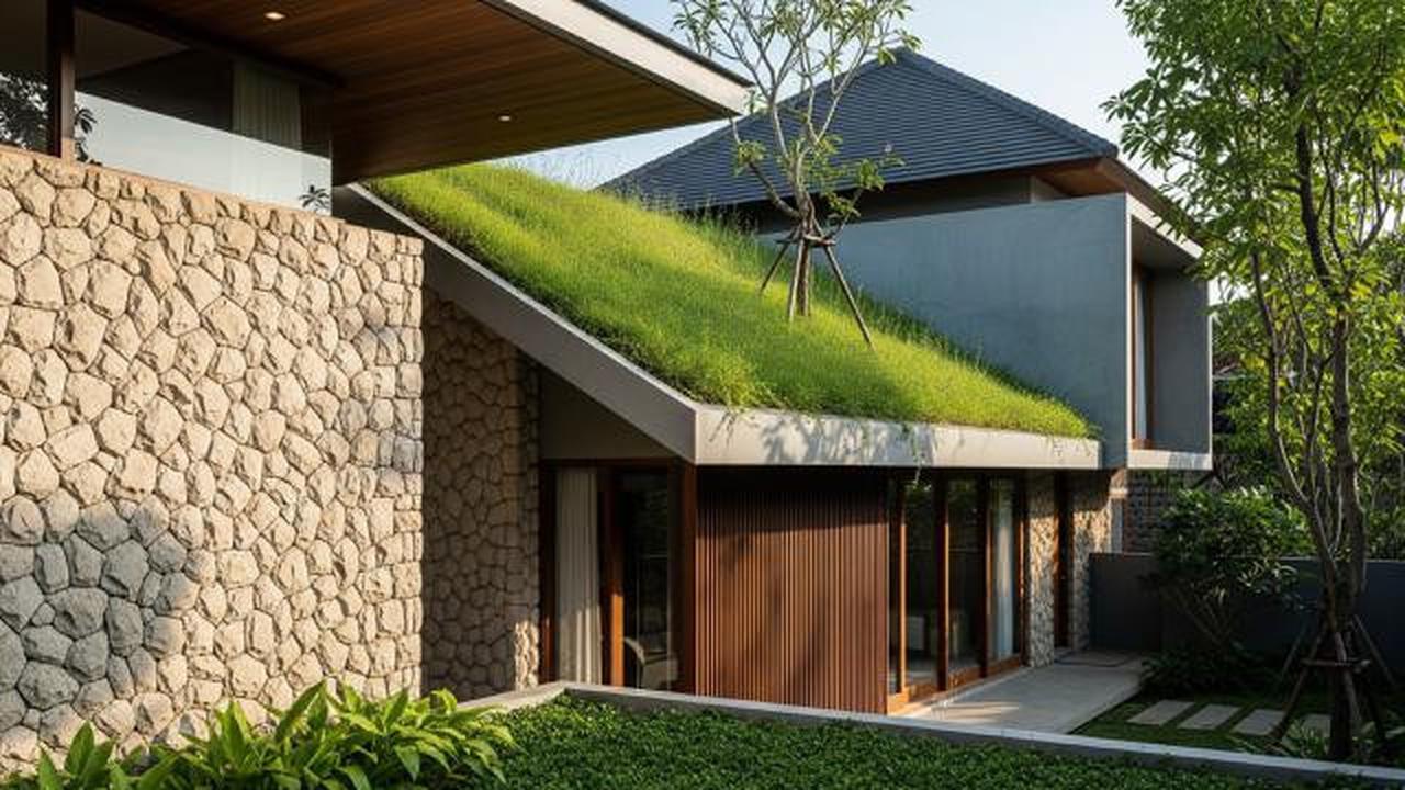 Kombinasi Atap Hijau dan Material Keras (Batu)/Rumah Compact dengan Atap Tanaman Hijau Anti Panas dan Bocor (Sumber: gemini.com)