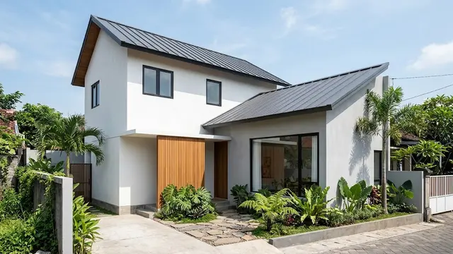 Atap Miring Asimetris dengan Aksen Kayu